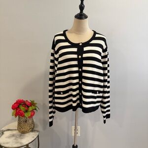 Happily Grey Striped Long Sleeve Pocketed Sweater With Accent Gold Buttons